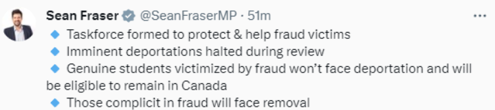 加拿大移民、难民和公民部部长弗雷泽（Sean Fraser）