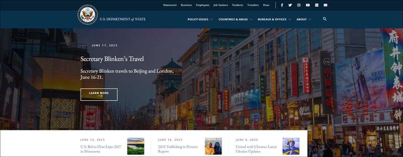 布林肯访华前,美国务院网站将首页背景变这样了