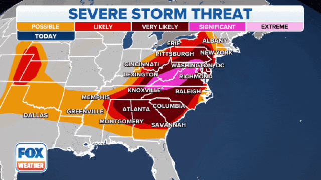 美国东部和南部爆发强风暴