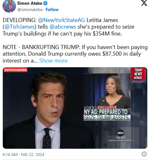 纽约州检察长：若川普付不出3.5亿,将没收川普大楼
