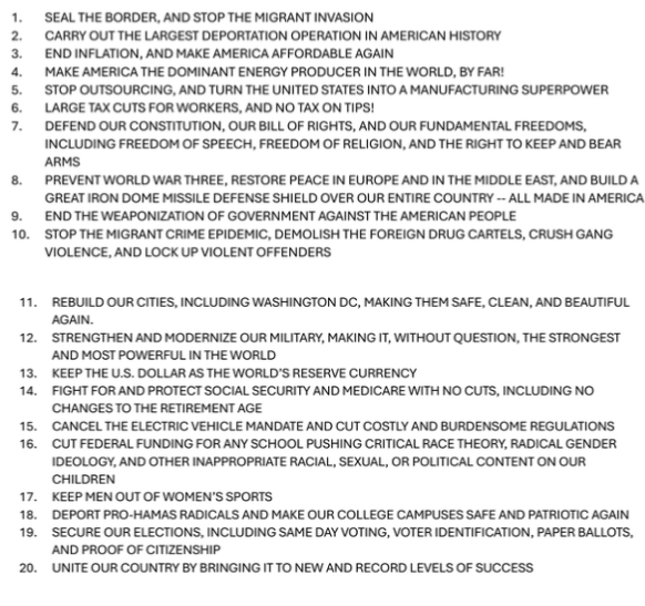 川普改变共和党,竞选纲领提出20项承诺